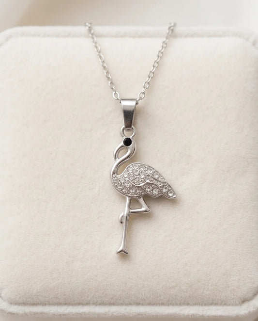 Silver Crystal Paved Flamingo Pendant Necklace