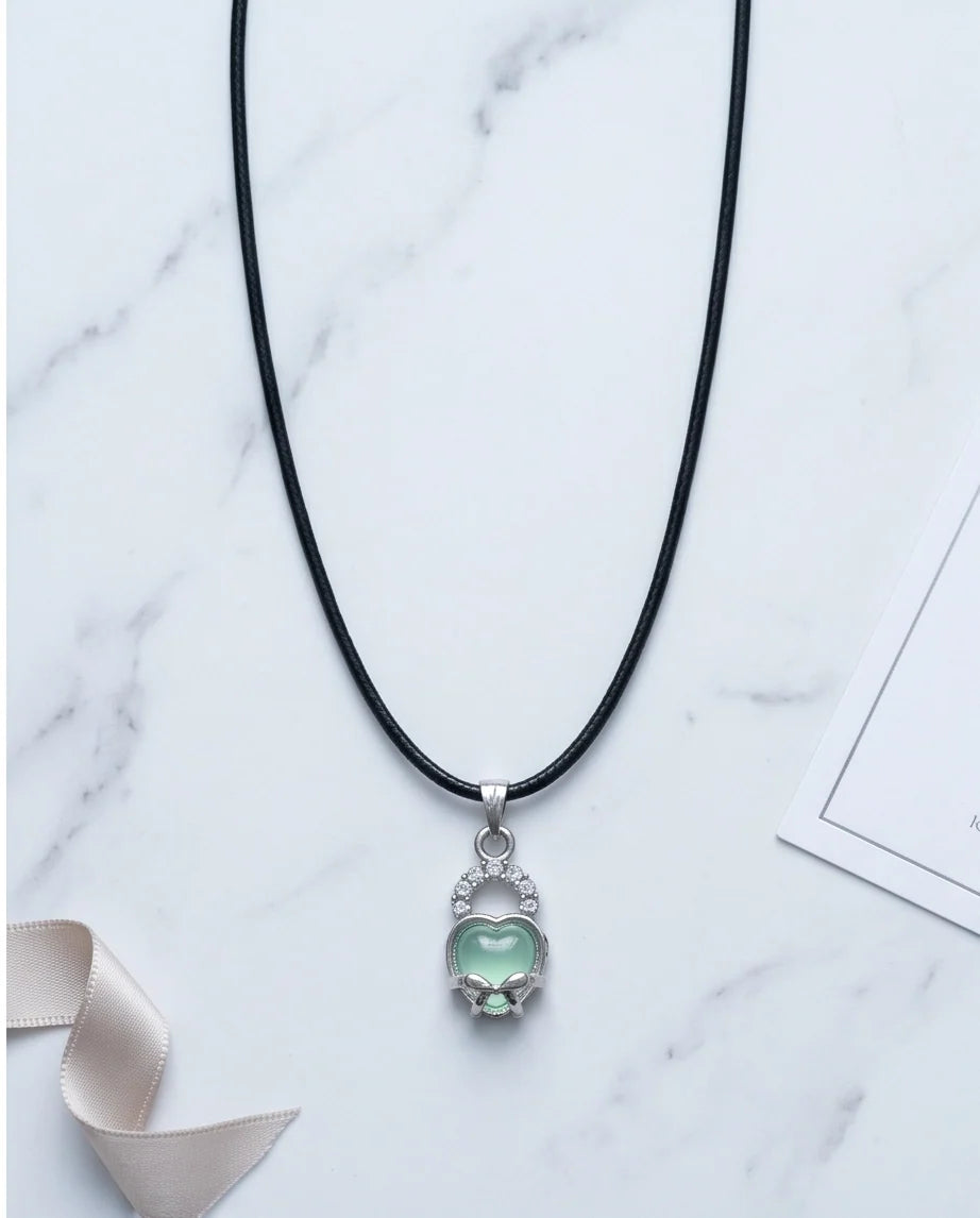 Green Heart Bow Lock Pendant Necklace