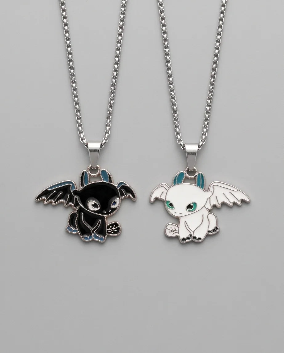 Gold Dragon Couple Enamel Pendant Necklace Set