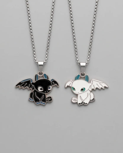 Gold Dragon Couple Enamel Pendant Necklace Set