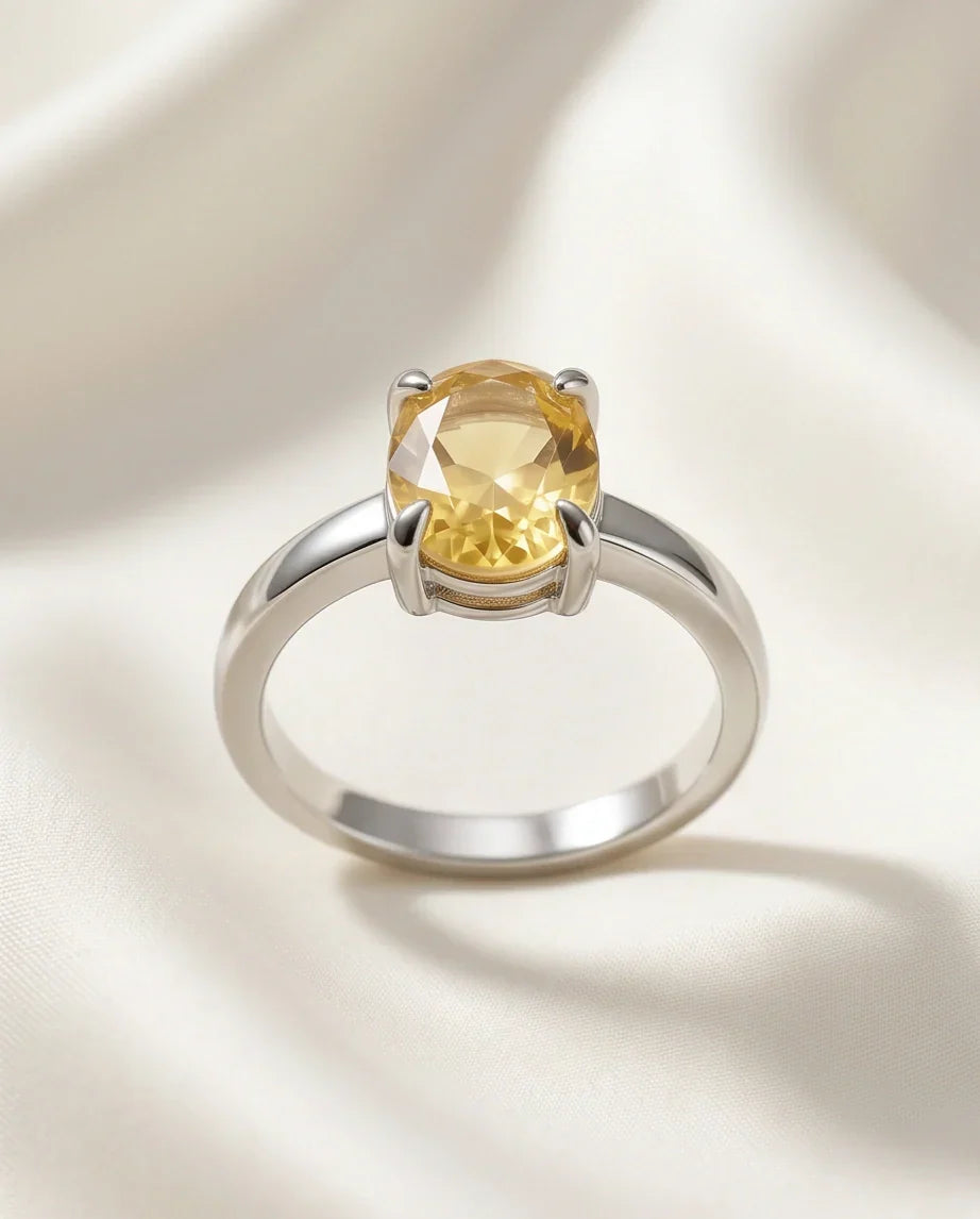 Sterling Silver Oval Yellow Citrine Solitaire Ring
