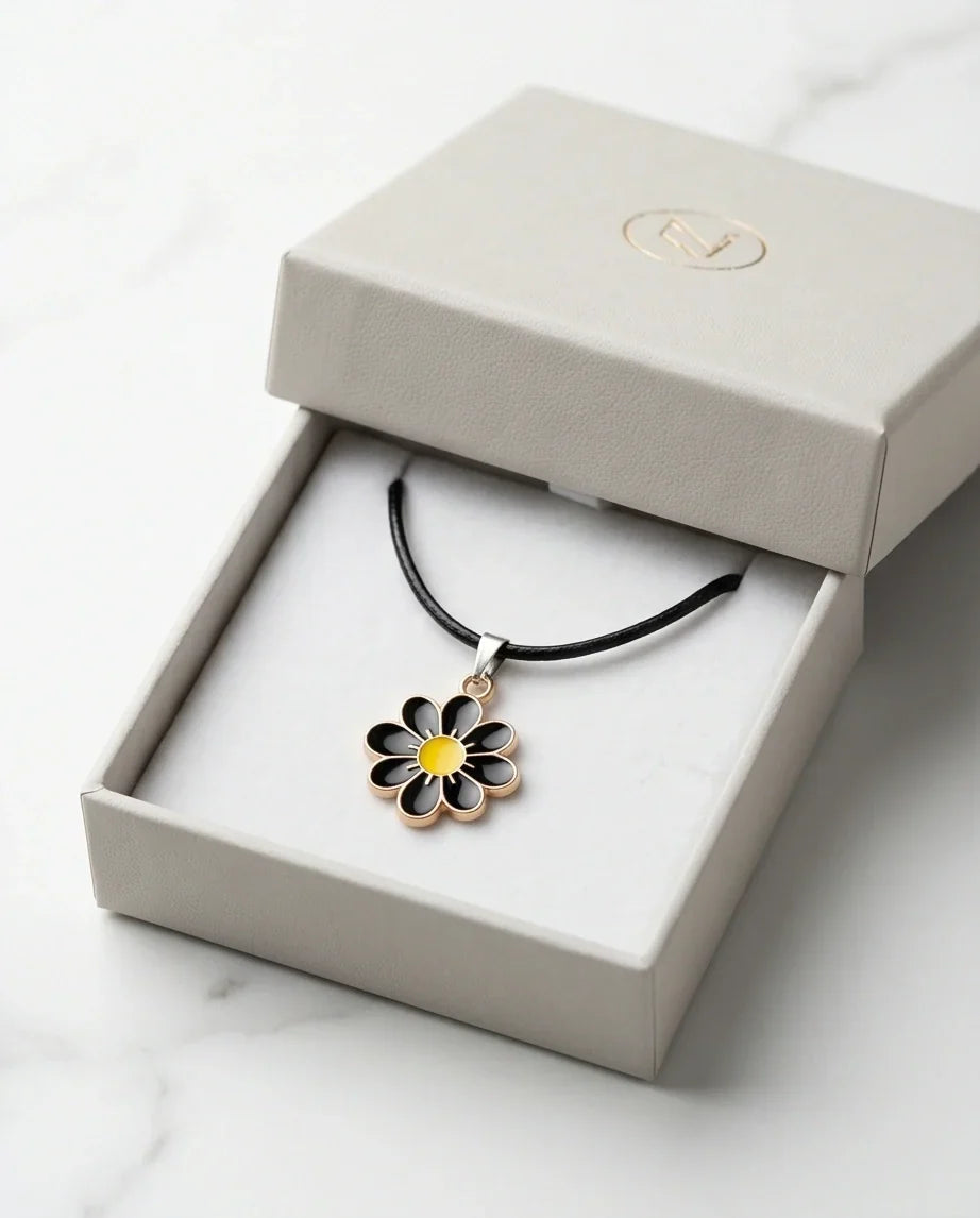 Gold and Black Daisy Pendant Necklace