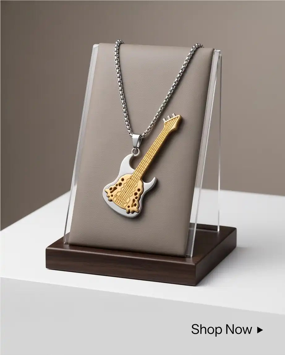 Two-Tone Electric Guitar Pendant Silver Box Chain Necklace