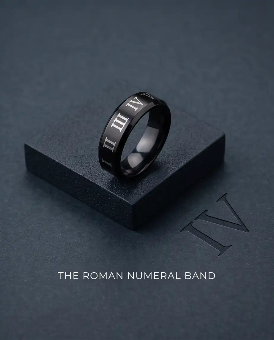 Black Roman Numeral Engraved Band Ring
