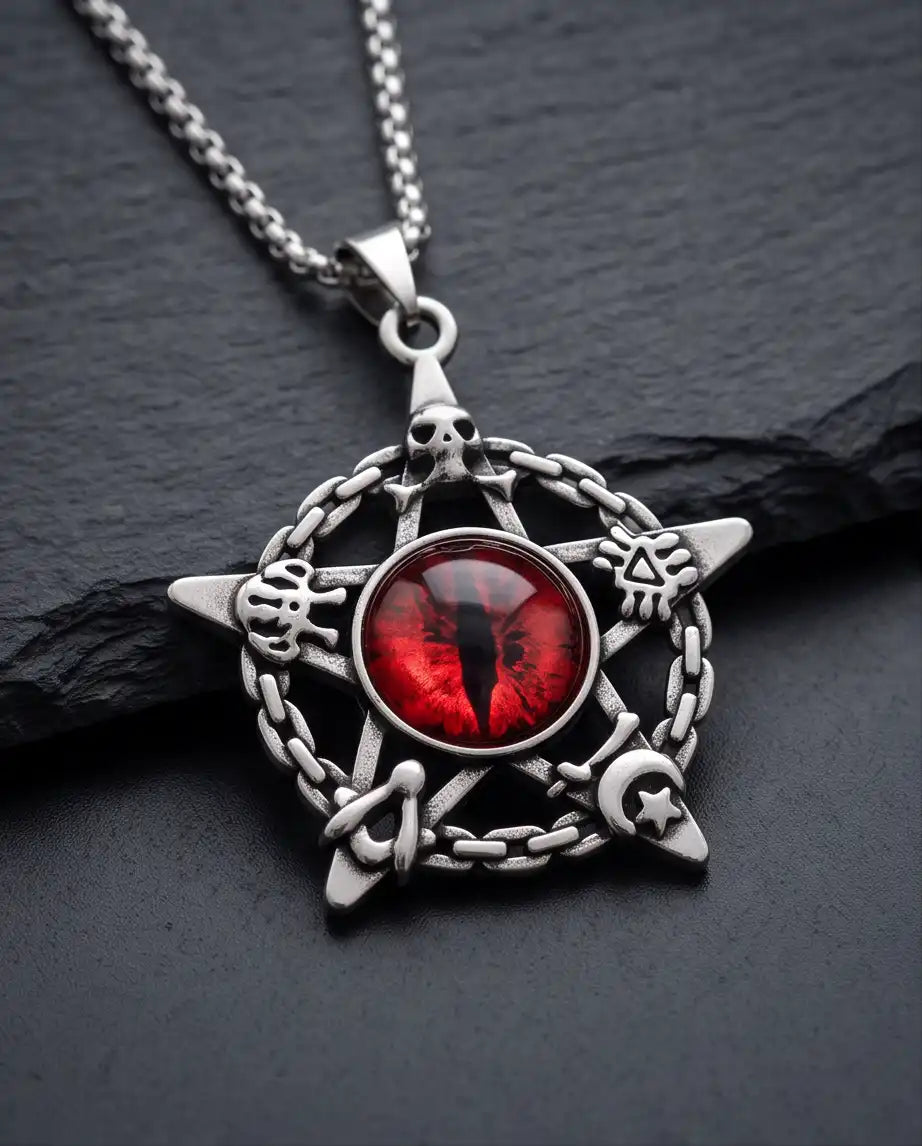 Red Dragon Eye Pentagram Occult Pendant Box Chain