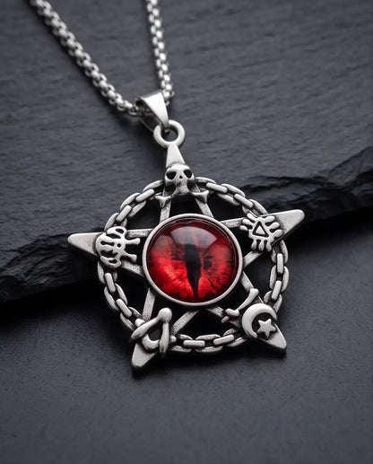 Red Dragon Eye Pentagram Occult Pendant Box Chain