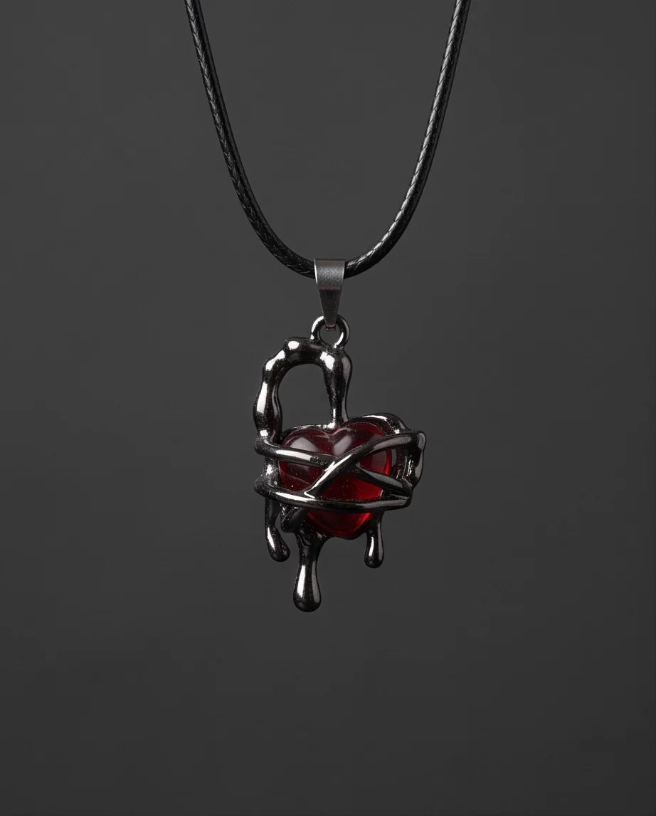 Black Thorny Dripping Heart Red Gem Pendant Necklace