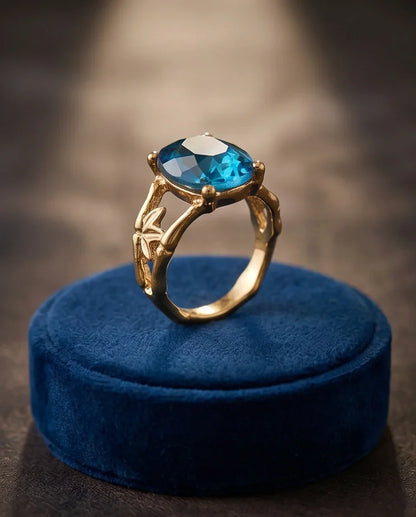 Gold Plated Aqua Blue Topaz Bamboo Leaf Ring