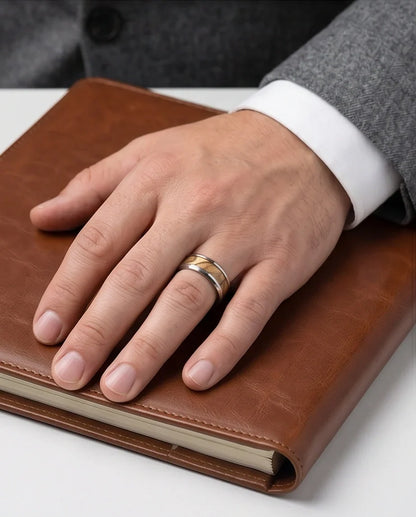 Natural Olive Wood Inlay Silver Band Ring