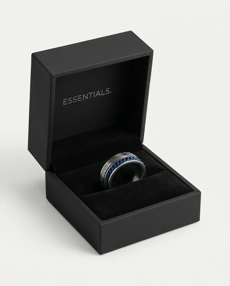 Modern Greek Key Blue Chain Spinner Ring