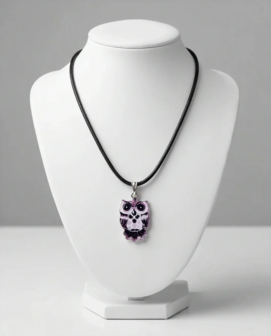 Mystical Purple Watercolor Owl Totem Pendant Necklace