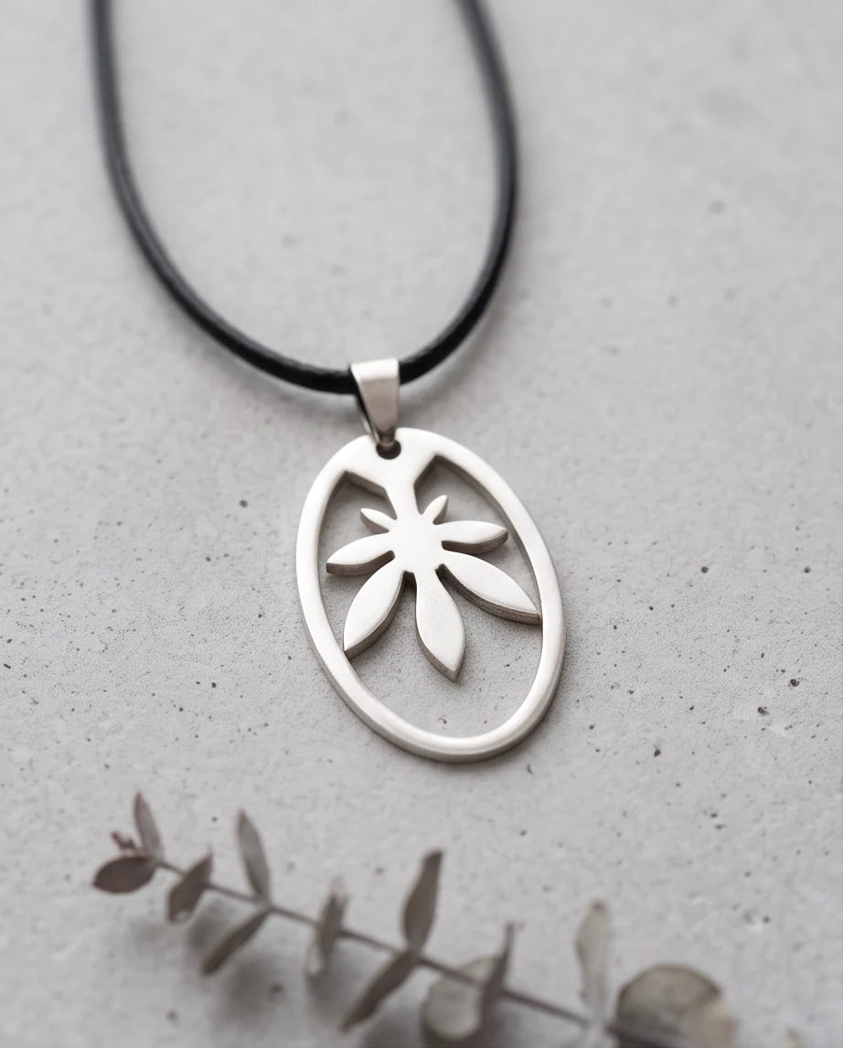 Brushed Silver Leaf Oval Cord Necklace