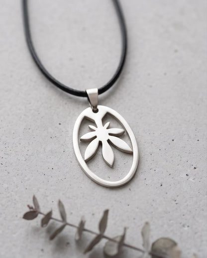 Brushed Silver Leaf Oval Cord Necklace
