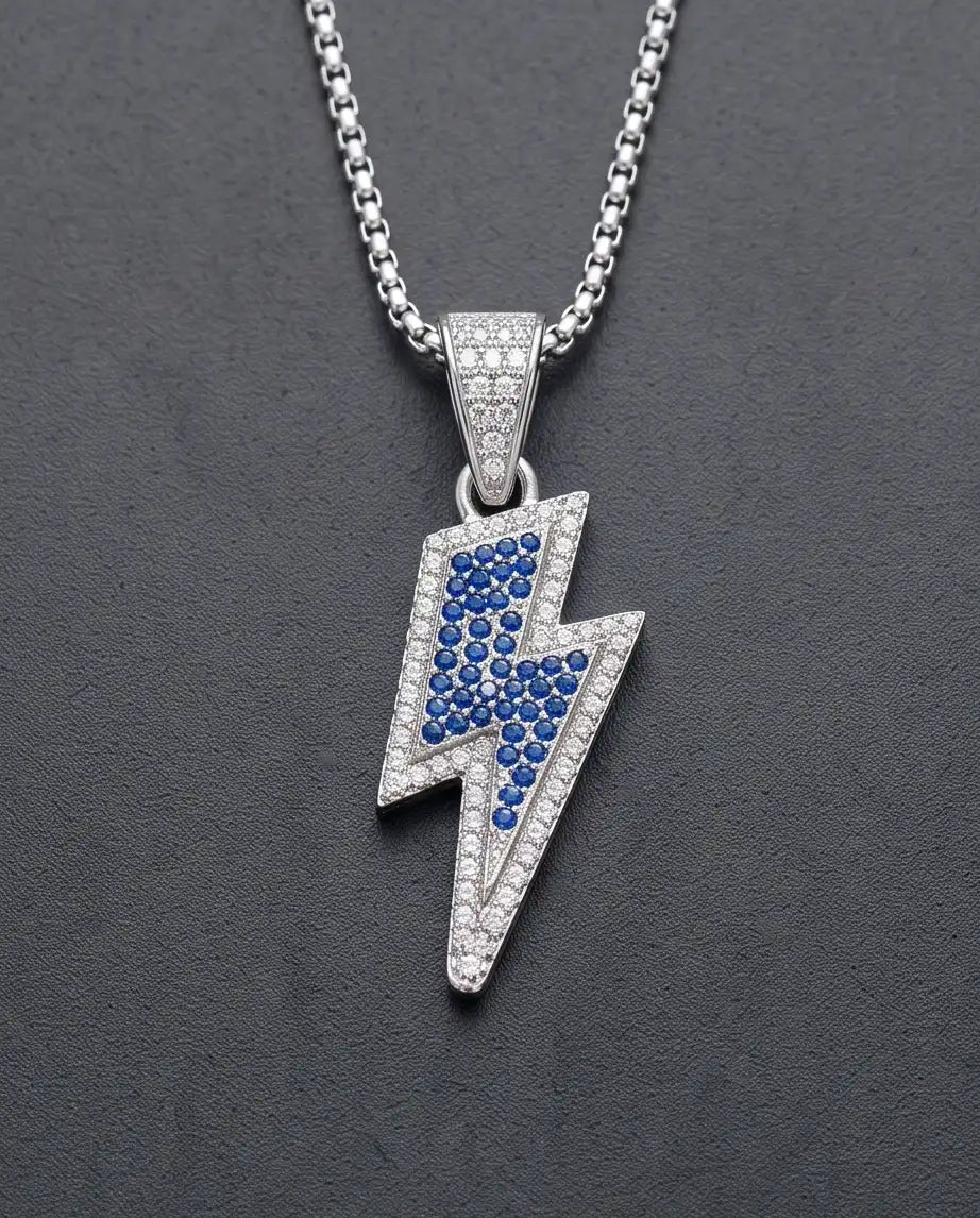 Blue Iced Lightning Bolt Pendant Box Chain