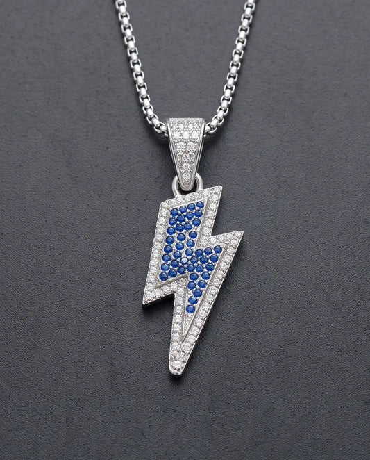 Blue Iced Lightning Bolt Pendant Box Chain