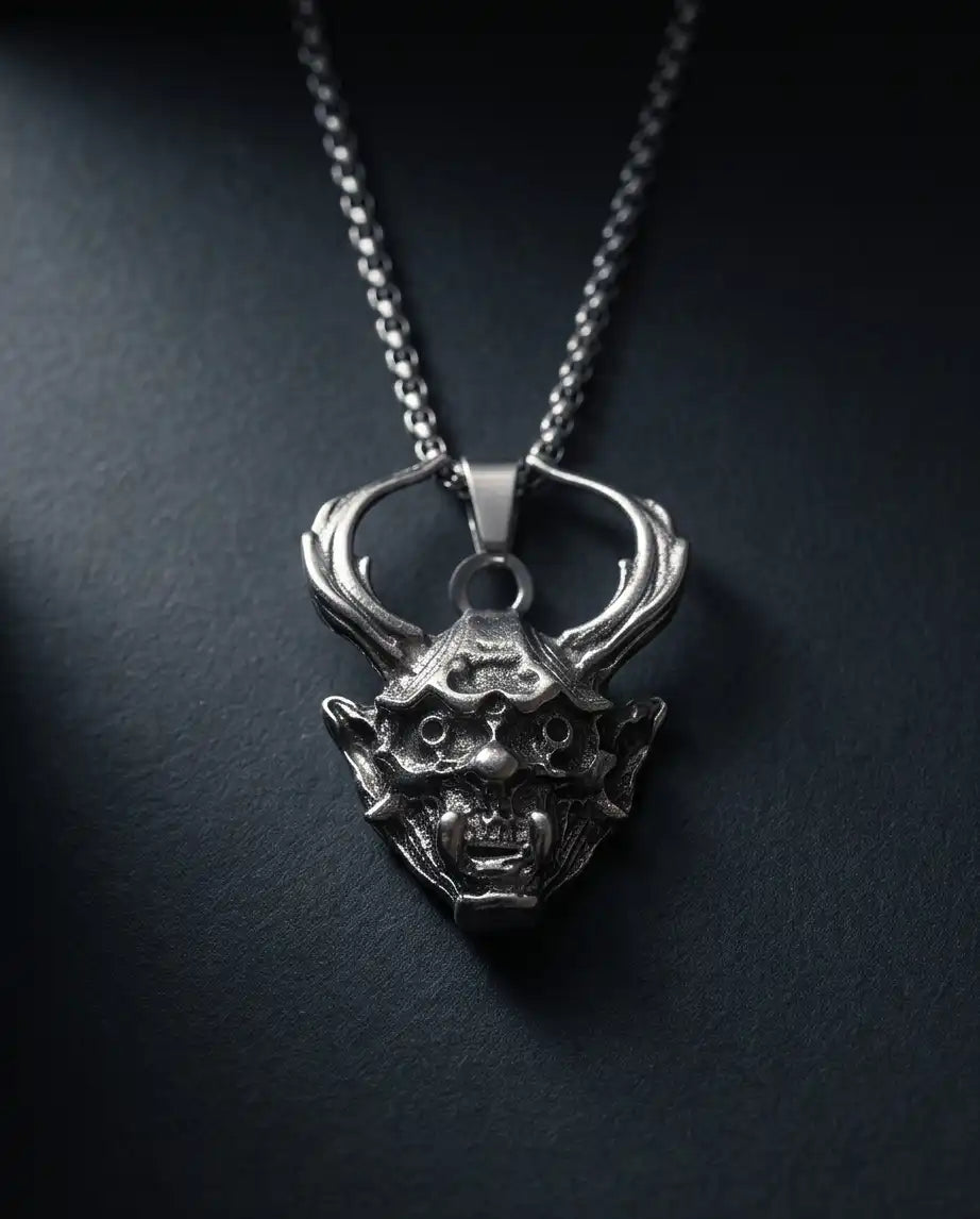Antiqued Horned Oni Demon Mask Pendant Box Chain