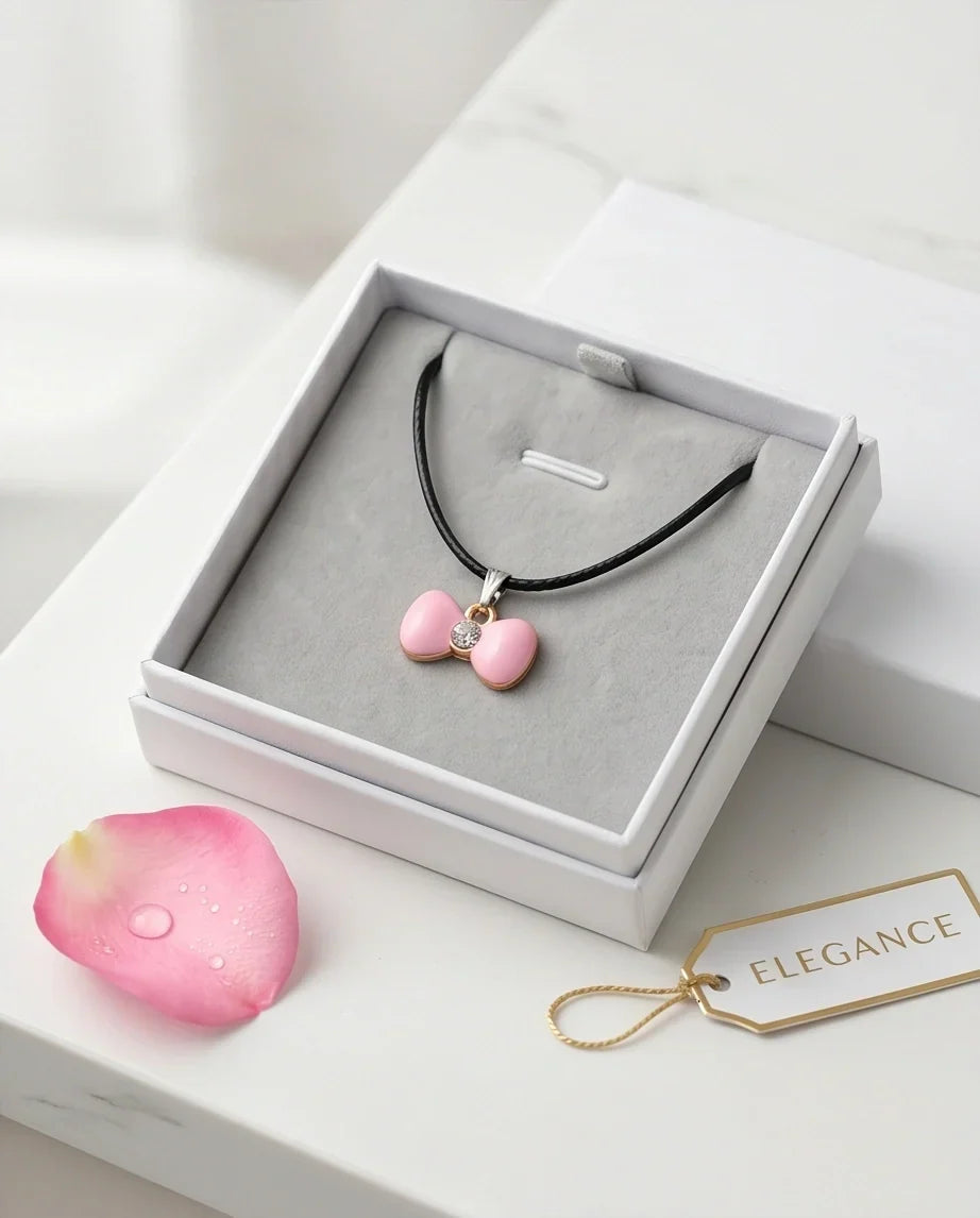 Charming Pink Bowknot Enamel Pendant Necklace with Crystal Center