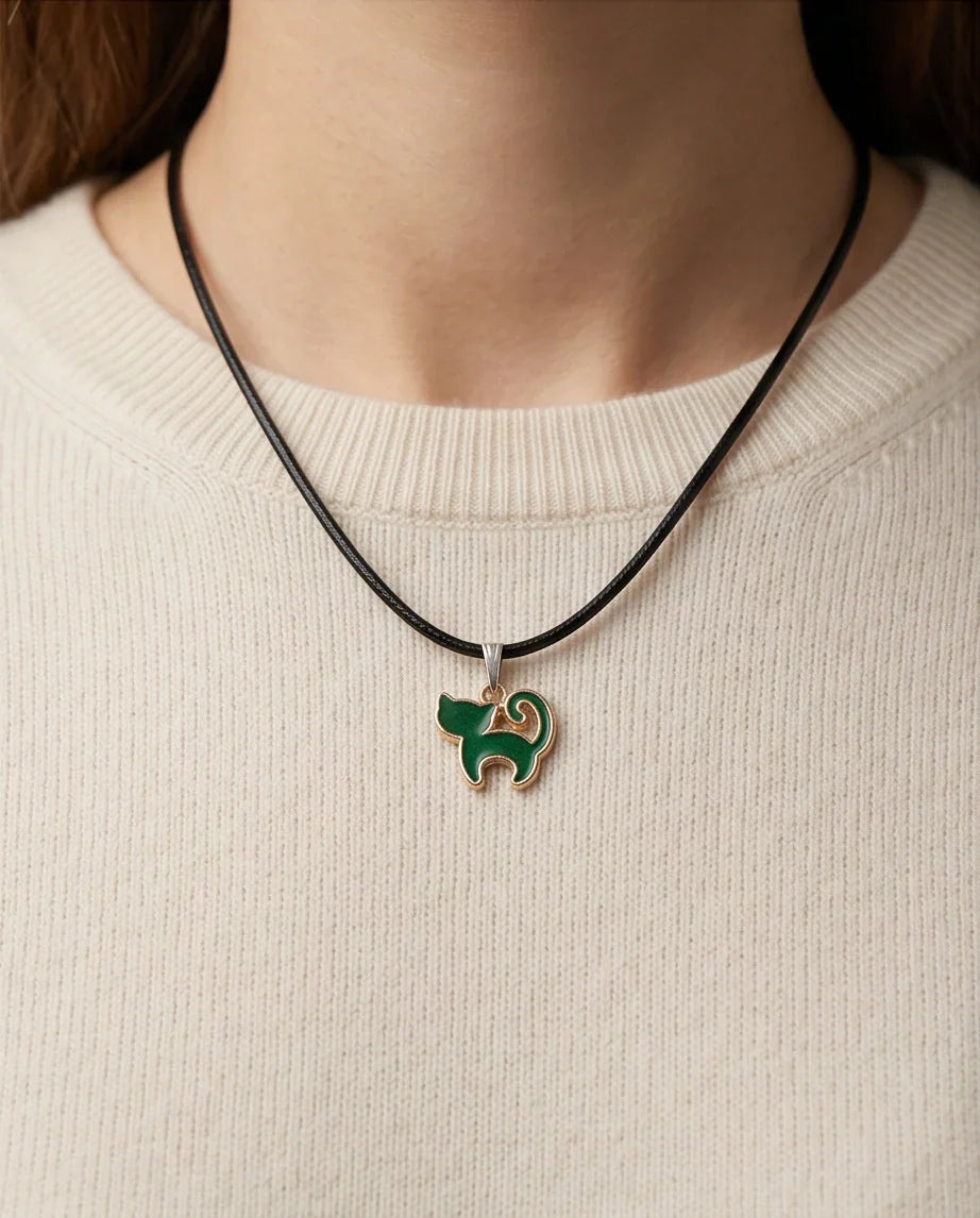 Gold and Green Cat Pendant Necklace