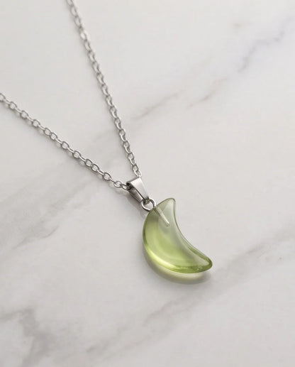 Silver Fluorite Light Green Crescent Moon Pendant Necklace