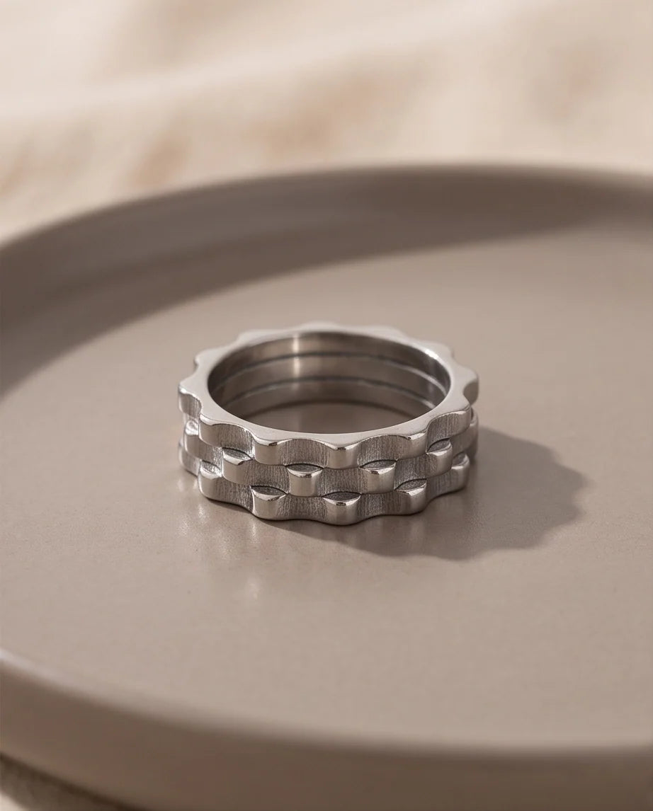 Industrial Cogwheel Scalloped Silver Band