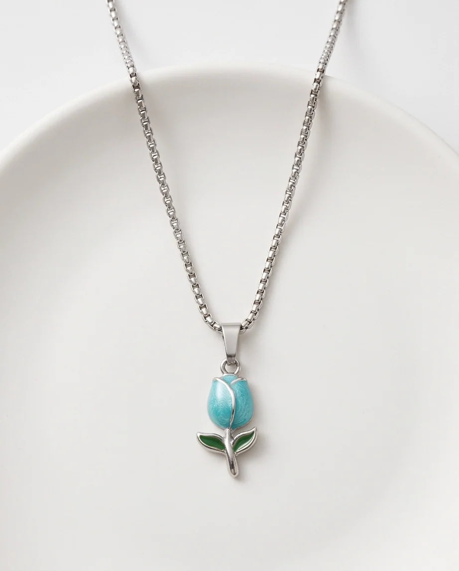 Silver Light Blue Enamel Tulip Pendant Necklace