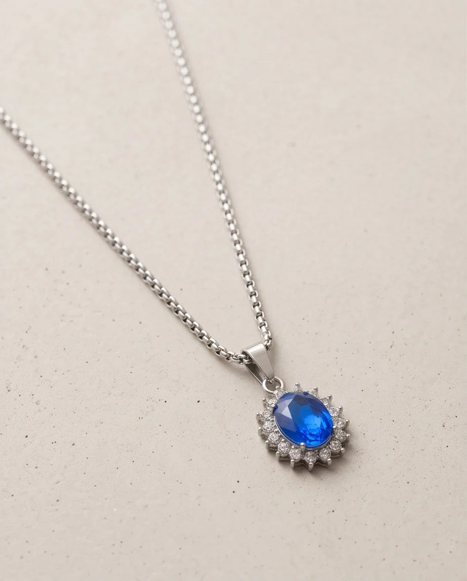 Silver Sapphire Blue Oval Halo Medallion Pendant Necklace