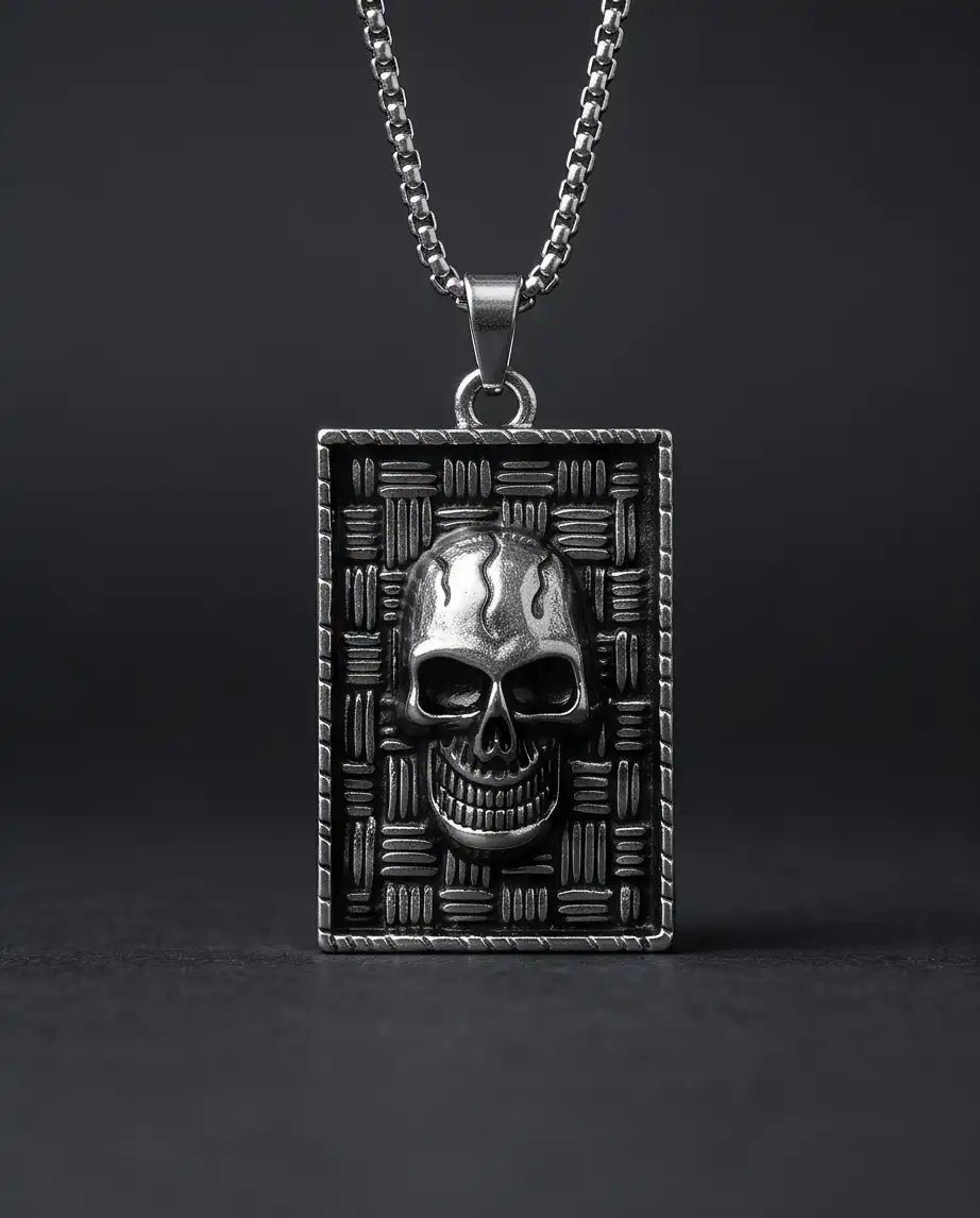 Gothic Skull Basketweave Tag Silver Box Chain Necklace