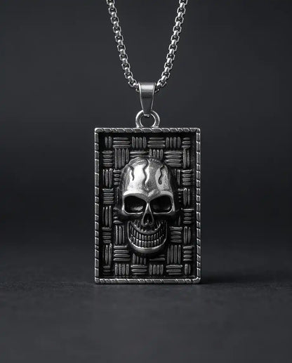 Gothic Skull Basketweave Tag Silver Box Chain Necklace