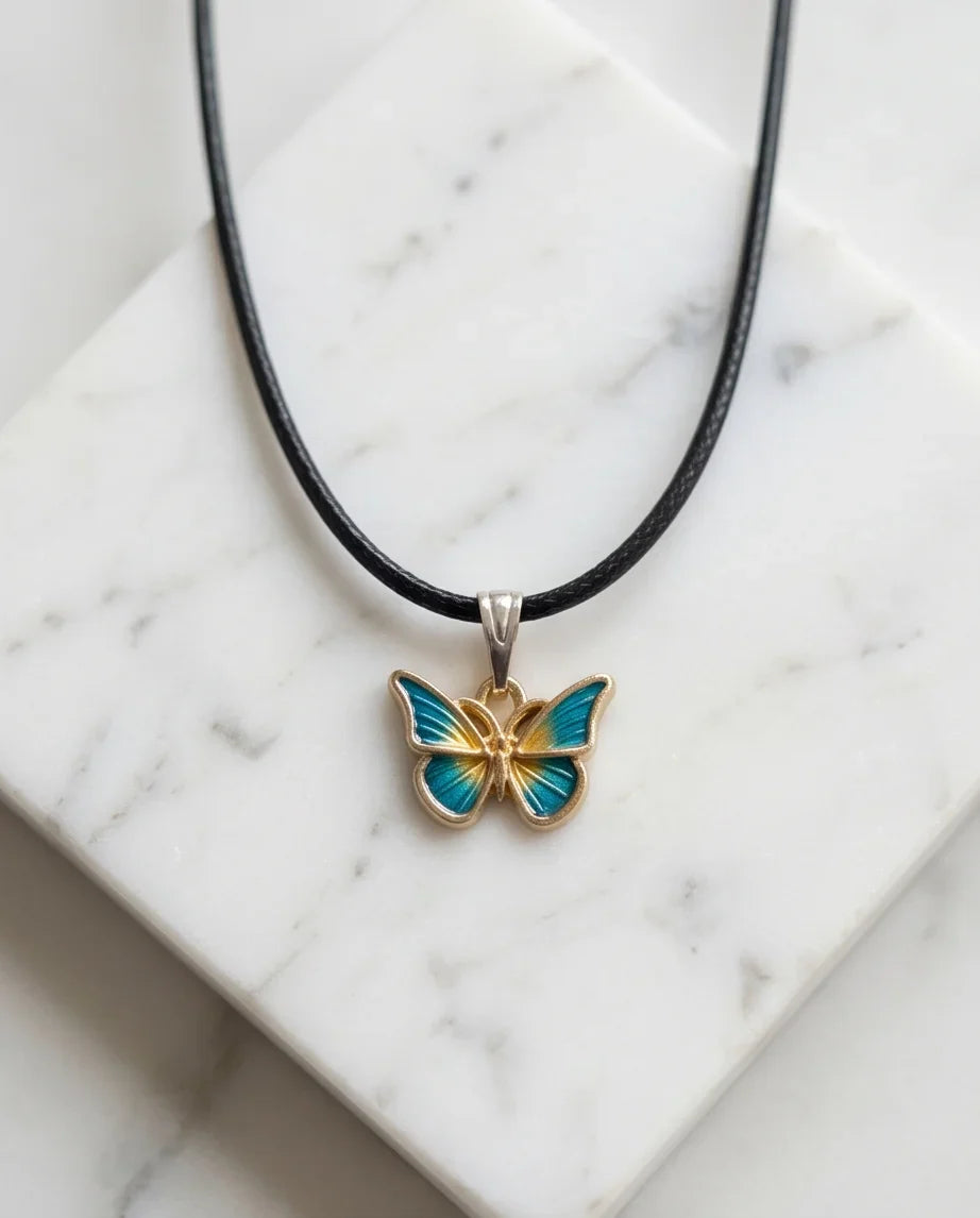 Teal & Gold Butterfly Pendant Necklace
