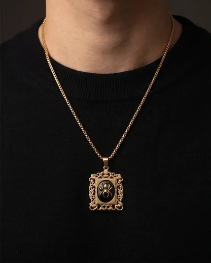 Ornate Golden Spider Filigree Cameo Pendant Box Chain