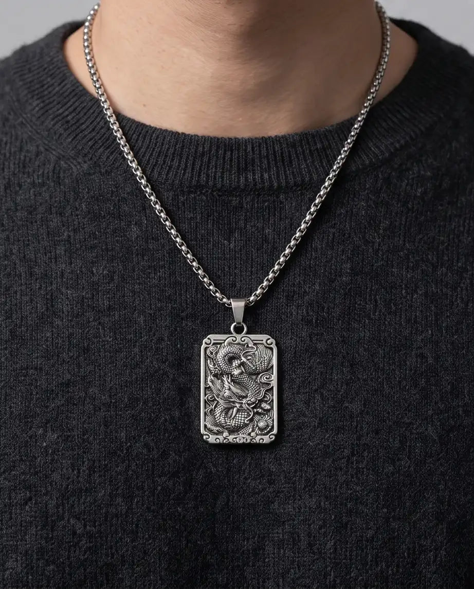 Mythological Dragon Rectangle Dog Tag Pendant Box Chain