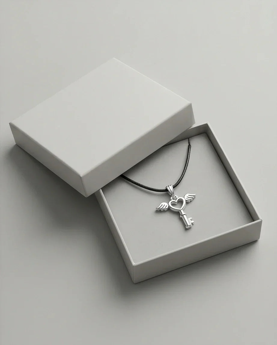 Silver Angel Wing Heart Key Necklace