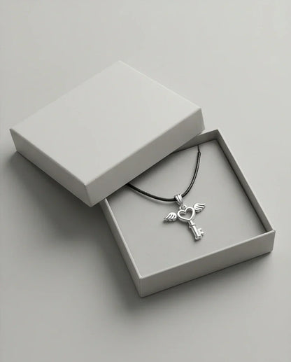 Silver Angel Wing Heart Key Necklace