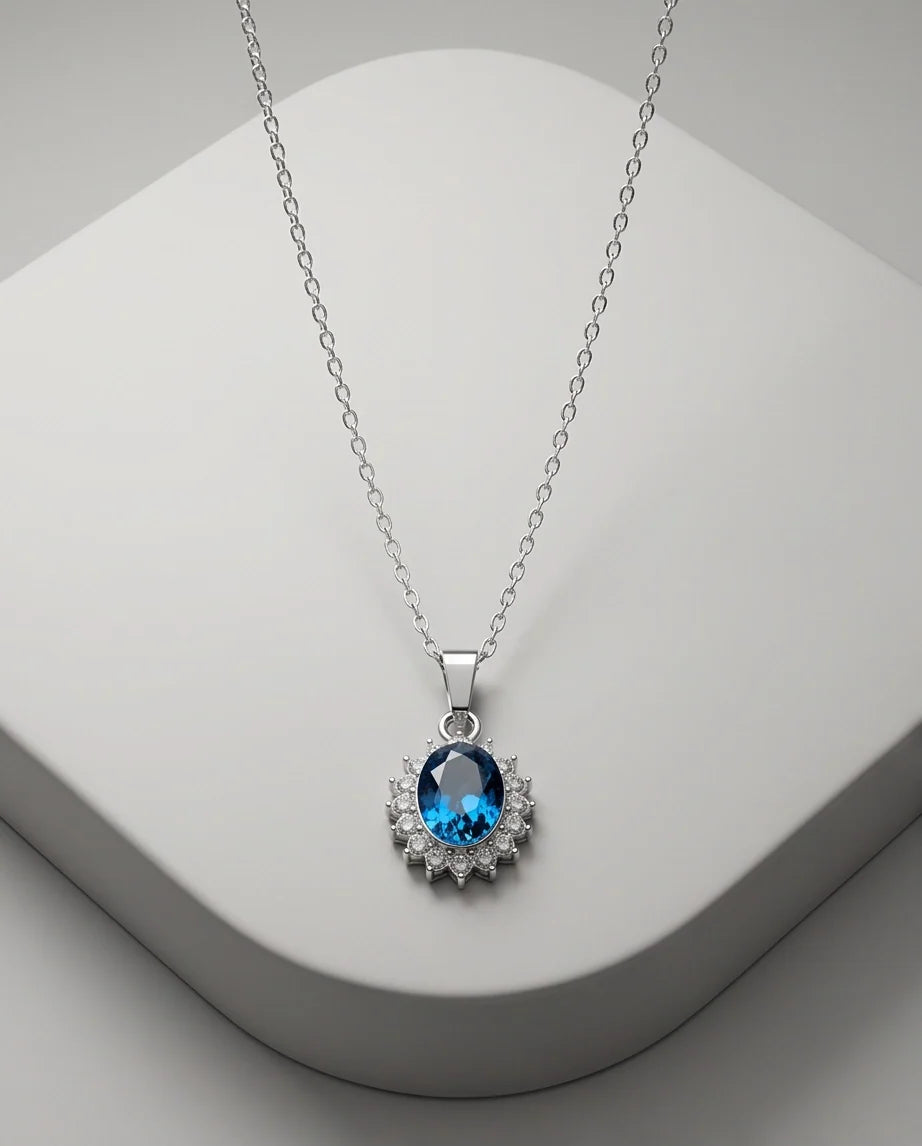 Silver London Blue Oval Halo Medallion Pendant Necklace