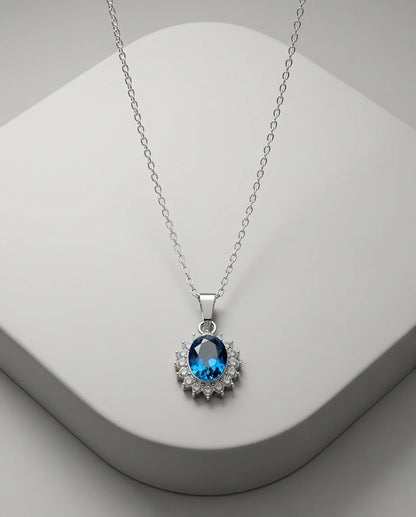 Silver London Blue Oval Halo Medallion Pendant Necklace