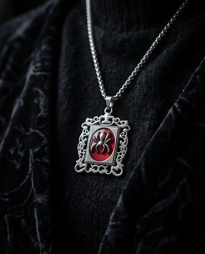 Gothic Red Enamel Spider Filigree Pendant Box Chain