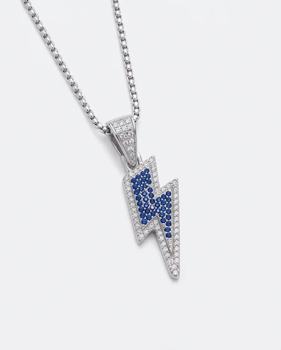 Blue Iced Lightning Bolt Pendant Box Chain