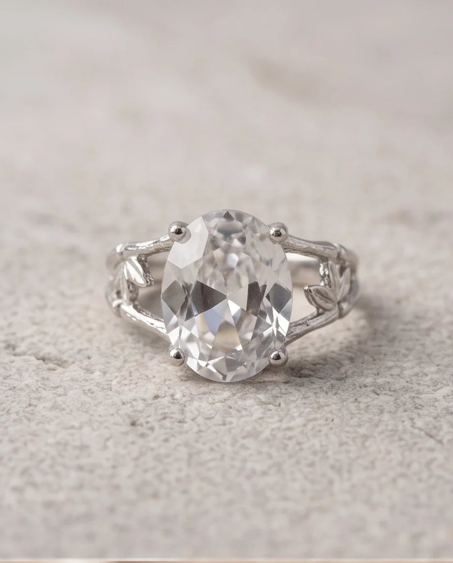 Silver Oval Quartz Botanical Solitaire Ring