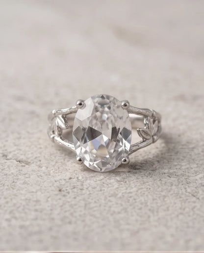 Silver Oval Quartz Botanical Solitaire Ring