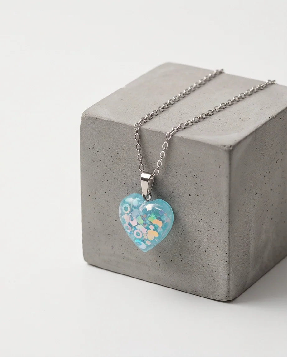 Silver Light Blue Glitter Heart Resin Pendant Necklace