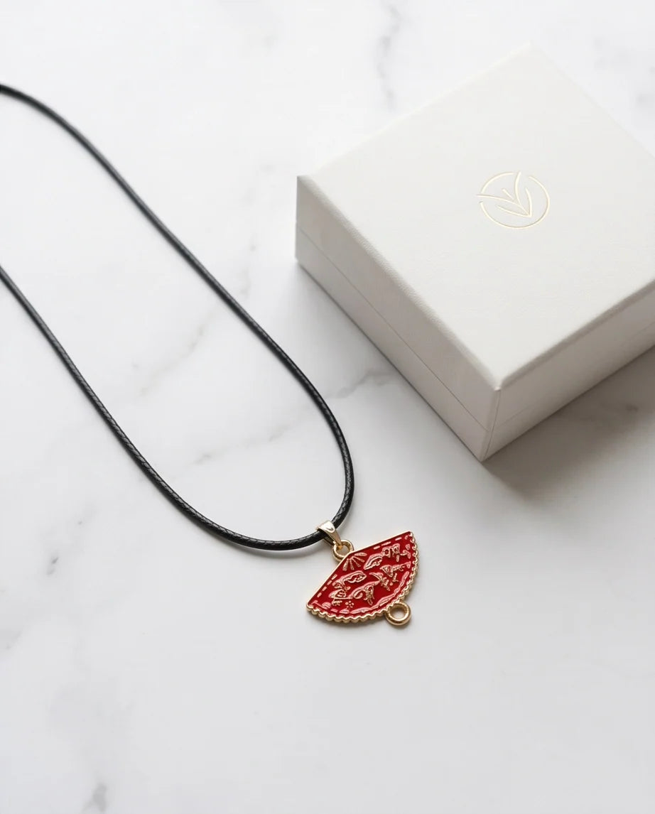 Crimson Calligraphy Fan Pendant Necklace