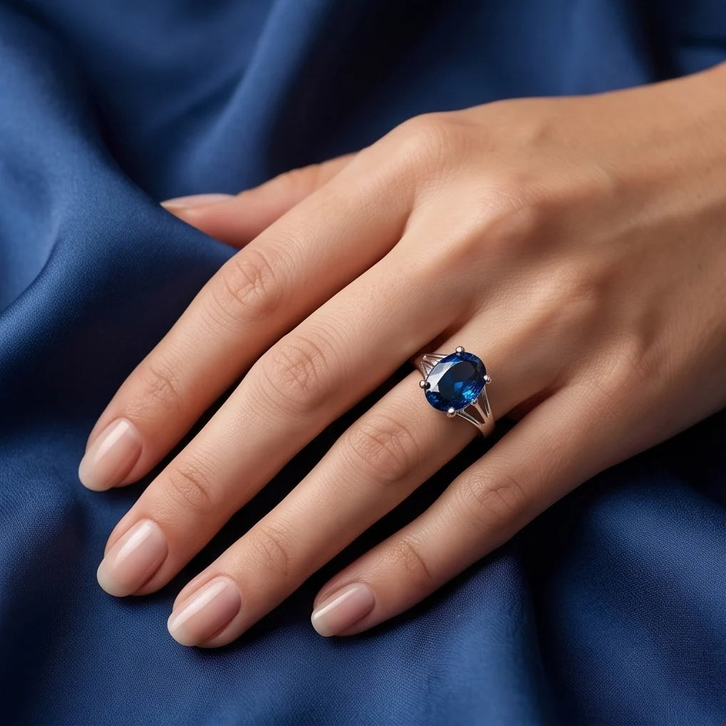 Silver Oval Sapphire Gemstone Solitaire Ring