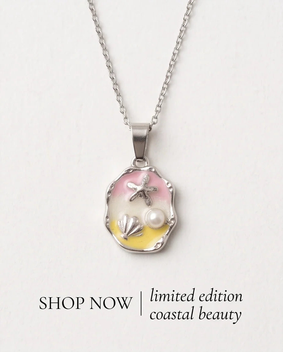 Silver Seashell Starfish Pearl Enamel Medallion Chain Necklace