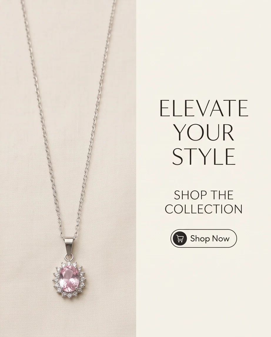 Silver Pink Crystal Oval Halo Medallion Pendant Necklace