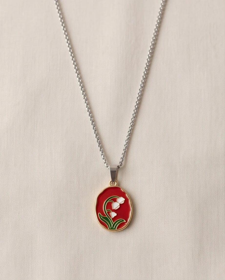 Gold Red Lily of the Valley Enamel Medallion Chain Necklace