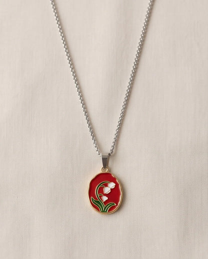 Gold Red Lily of the Valley Enamel Medallion Chain Necklace