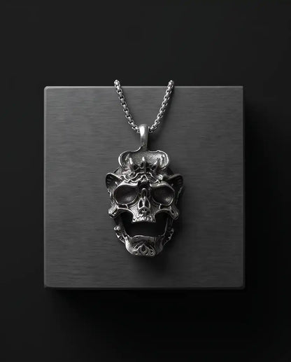 Gothic Screaming Demon Skull Pendant Silver Box Chain Necklace