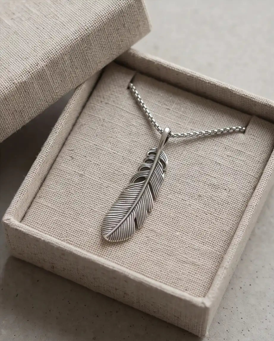 Antiqued Feather Blade Pendant Box Chain