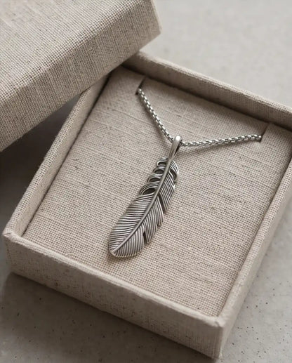 Antiqued Feather Blade Pendant Box Chain