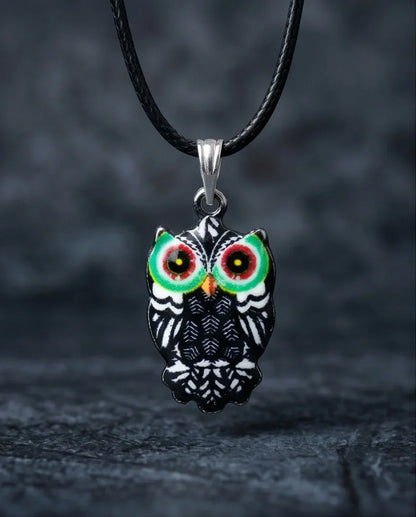 Mystic Green-Eyed Tribal Owl Pendant Necklace